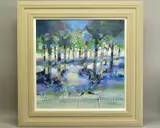 'Into The Woods', a colourful woodland landscape, signed bottom by Emma S Davis, mixed media on board, sold Nov 2020