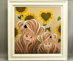 'Sunshine', a stylised Bull and Cow against sunflowers, signed by Jennifer Hogwood, oil on canvas, sold Nov 2020