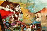 'Au Bon Accueil', a restaurant and market by a French harbour, signed by Richard Burel, mixed media on canvas, sold Nov 2020