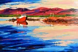 'Evening Sky', a sunset over a beach and fishing boat, signed by Lynn Rodgie, oil on canvas, sold Nov 2020