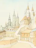 View of a fortified city with tower by Gabriel van Schnell, Mixed media Largest, sold Aug 2020