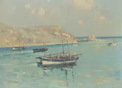 Fishing boats in a bay Signed Oil by Godwin Bennett, Oil on canvas, sold Aug 2020