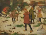 Children in the snow Signed Oil by Willem Korteling, Oil on canvas, sold Aug 2020