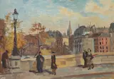 Parisian scene with figures on a bridge Signed and dated '37 Oil on by Kenneth Rowntree, Oil on canvas, sold Aug 2020