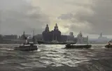 A view of the Pier Head by Gordon Ellis, Oil on canvas board, sold Aug 2020