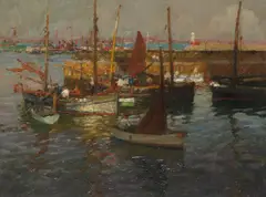 Boats in a harbour Signed and dated 09 Oil by Harold Harvey, Oil on canvas, sold Aug 2020