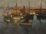 Boats in a harbour Signed and dated 09 Oil by Harold Harvey, Oil on canvas, sold Aug 2020