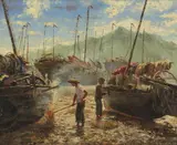 Figures in a boatyard by Reinhold R. Zeller, 1956, oil on board, sold Aug 2020