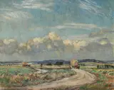 Rural landscape with haycarts on a road Signed Oil by Sidney Dennant Moss, Oil on canvas, sold Aug 2020