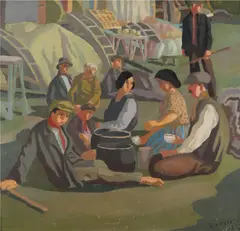 Workers at rest Signed and dated 1929 Oil by Thomas Saunders Nash, 1929, Oil on board, sold Aug 2020