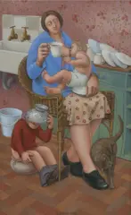Domestic scene Signed and dated 1978 Tempera by Eric Holt, 1978, Tempera on board, sold Aug 2020