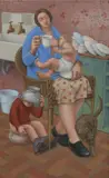 Domestic scene Signed and dated 1978 Tempera by Eric Holt, 1978, Tempera on board, sold Aug 2020
