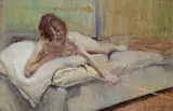 Young lady lying on a bed with a pipe Signed and dated 1912 by Adrien Karbowsky, 1912, Oil on canvas, sold Aug 2020