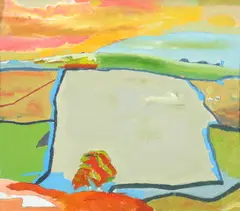 Sunset Field Indistinctly inscribed Oil by Derek Hyatt, Oil on board, sold Aug 2020