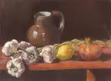 Still life with pears and a copper sauce pan by Gail Lilley, pastel, sold Aug 2020