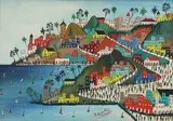 View of a coastal town with sailing boats in the bay Signed by Préfète Duffaut, Oil on canvas, sold Aug 2020