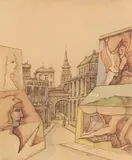 City view with painted murals by Gabriel van Schnell, 1946, Ink and wash Largest, sold Aug 2020