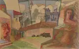 Surrealist townscene Ink and by Gabriel van Schnell, Ink and watercolour, sold Aug 2020