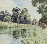 A fisherman on the bank Signed Watercolour and by Bernard Venables, Watercolour and pencil heightened with white, sold Aug 2020