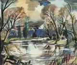 A pond in Thetford Forest Signed Watercolour heightened with by Rowland Suddaby, Watercolour heightened with bodycolour, sold Aug 2020