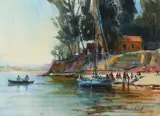 Felucca Moored Near Luxor by Alexander Creswell, Watercolour and pencil, sold Aug 2020