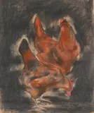 Chickens Signed and dated 92 Coloured chalks on brown paper 94 by Nicola Hicks, Drypoint etching, sold Aug 2020
