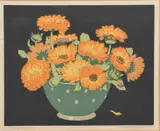 Marigolds woodcut in colours on paper by Hall Thorpe, woodcut, offered Mar 2020