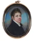 Portrait miniature of a gentleman in a blue coat and white stock Signed by Adam Buck, 1805, oil, offered Mar 2020