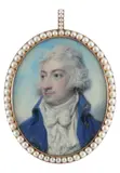 Portrait miniature of a gentleman in a blue coat with gold buttons by Richard Cosway, oil, sold Mar 2020