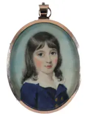 Portrait miniature of a boy in a blue jacket Oval by Edward Burch, oil, offered Mar 2020