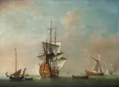 A Royal Man-o'-war firing a salvo by Peter Monamy, Oil on canvas, sold Mar 2020