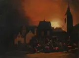 A village on fire at night Oil by Egbert van der Poel, Oil on panel, offered Mar 2020