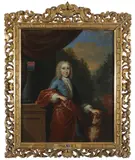 Portrait of a gentleman in a blue coat and ochre cloak by J. Palmer, oil on canvas, sold Mar 2020