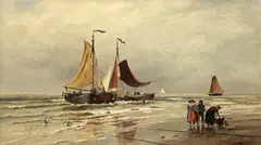 Coastal landscape with figures sorting the catch Signed and by Thomas Bush Hardy, 1873, Oil on canvas, sold Mar 2020