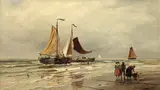 Coastal landscape with figures sorting the catch Signed and by Thomas Bush Hardy, 1873, Oil on canvas, sold Mar 2020