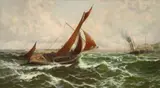 Boat in choppy waters outside a harbour Signed Oil on by Thomas Rose Miles, Oil on canvas, offered Mar 2020