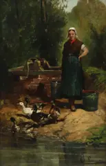 Woman and ducks by a well Signed Oil by Cornelius Van Leemputten, Oil on panel, sold Mar 2020