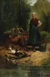 Woman and ducks by a well Signed Oil by Cornelius Van Leemputten, Oil on panel, sold Mar 2020