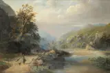Mountainous landscape with travellers on a path by a river by Frederick Richard Lee, 1856, Oil on canvas, sold Mar 2020