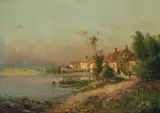 Landscape with houses by a lake Signed Oil by Pierre Jacques Pelletier, Oil on canvas, sold Mar 2020