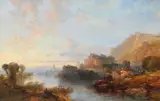 A continental river landscape with figures by a castle and a by James Duffield Harding Ows, 1851, Oil on canvas, offered Mar 2020