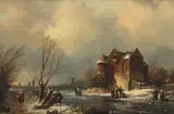 Winter landscape with figures on bridge by Charles Leickert, oil on panel, sold Mar 2020