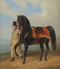Portrait of a gentleman and his stallion in a landscape Signed by Albrecht Adam, 1856, Oil on canvas, sold Mar 2020