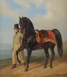 Portrait of a gentleman and his stallion in a landscape Signed by Albrecht Adam, 1856, Oil on canvas, sold Mar 2020