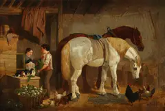 A barn interior with two shire horses by Henry Charles Woollett, Oil on canvas, sold Mar 2020