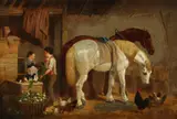 A barn interior with two shire horses by Henry Charles Woollett, Oil on canvas, sold Mar 2020