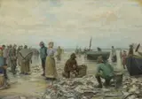 Coastal scene with fishermen sorting their catch Signed Oil by Owen Dalziel, Oil on canvas, sold Mar 2020