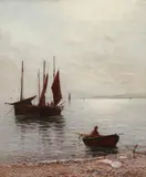 Coastal landscape with fishing boats Signed and dated 1887 Oil on by Gustave de Breanski, 1887, Oil on canvas, sold Mar 2020