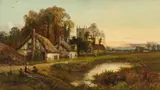 Village landscape at dusk by Daniel Sherrin, Oil on canvas, sold Mar 2020