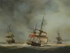 An English man-o'-war and other ships off the coast Signed Oil by Louis Dodd, Oil on panel, sold Mar 2020
